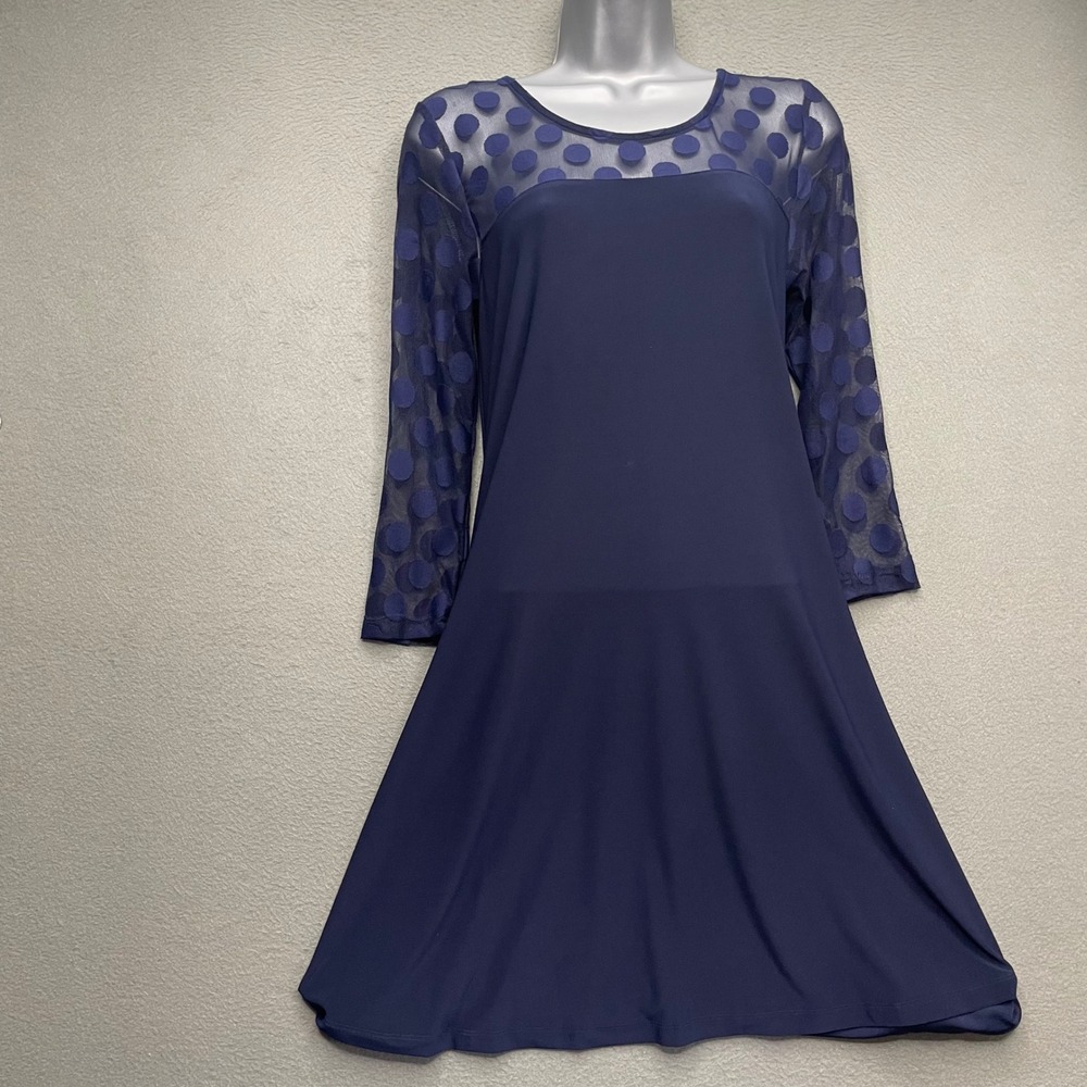 Nina Leonard Women Dress Navy Blue Polka Dot Mesh Size S A-Line Cocktail